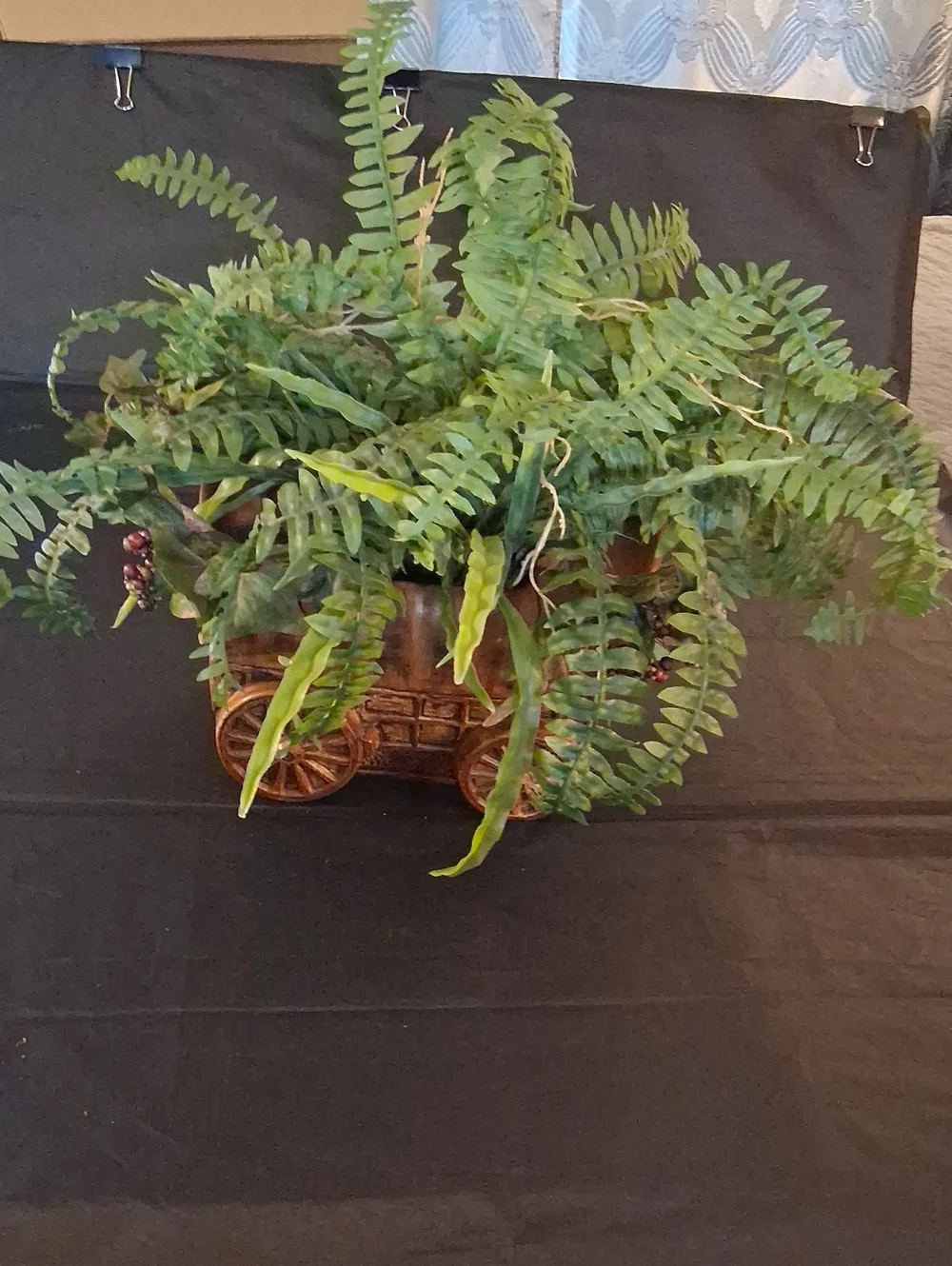 Faux Green Fern & Greenery in Ceramic Rustic Wagon Planter